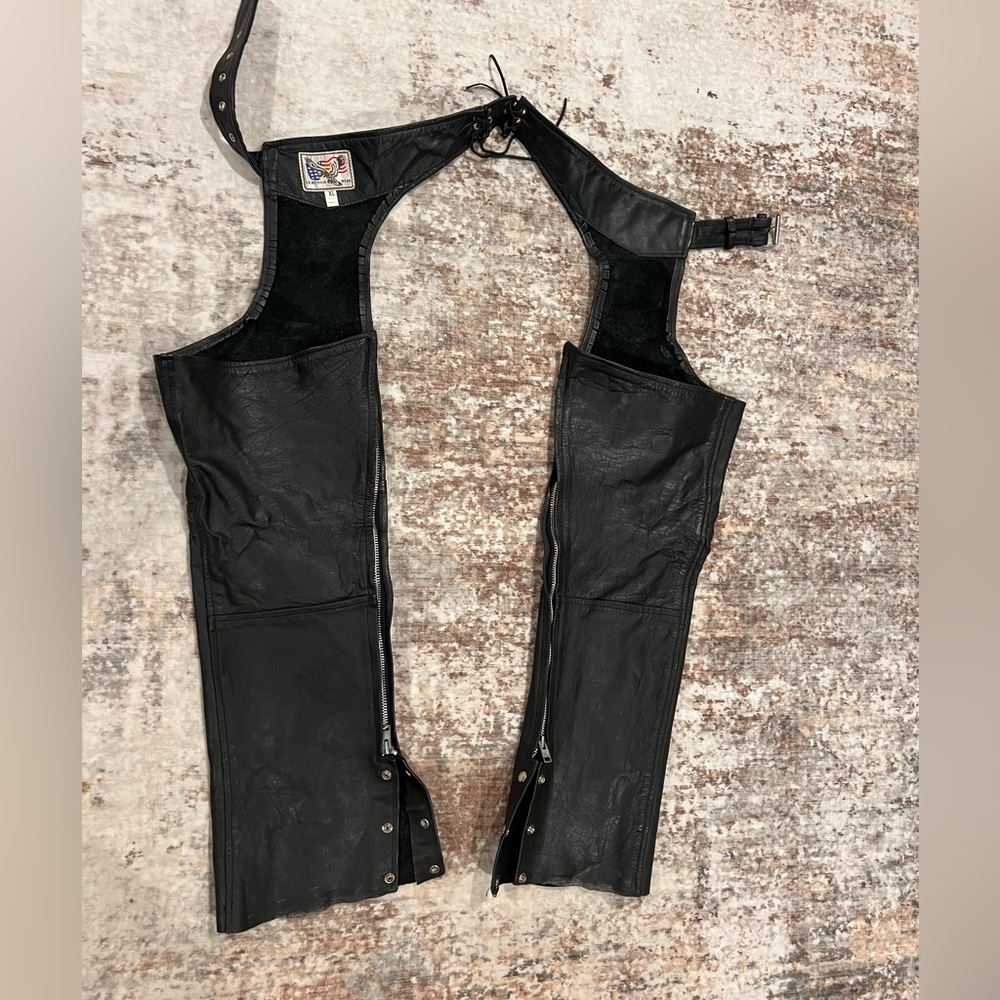 Real Leather black motorcycle chaps zippers Leather Wear Brand XL - Picture 3 of 7